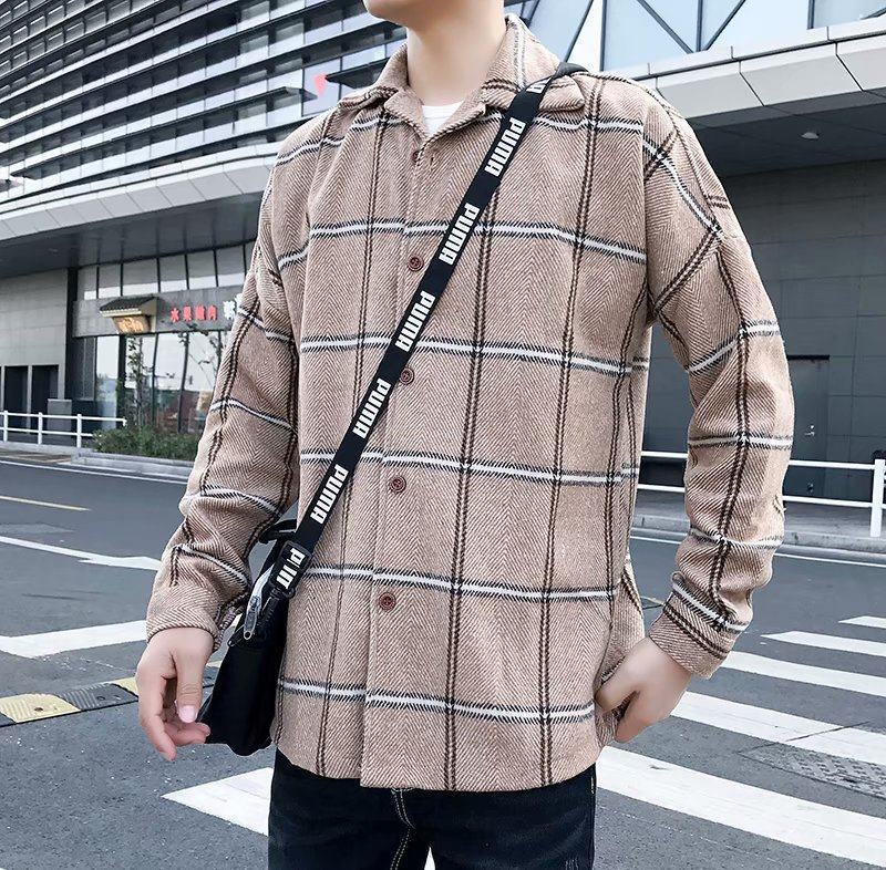 Fashion All-Match Retro Male Woolen Plaid Trench Coat