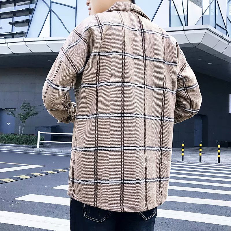 Fashion All-Match Retro Male Woolen Plaid Trench Coat