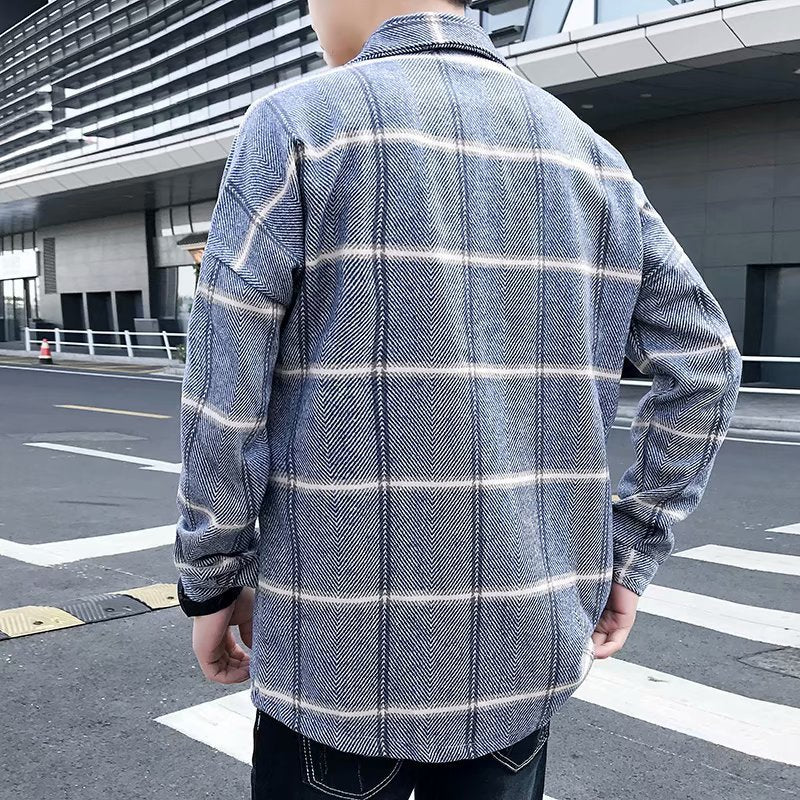 Fashion All-Match Retro Male Woolen Plaid Trench Coat