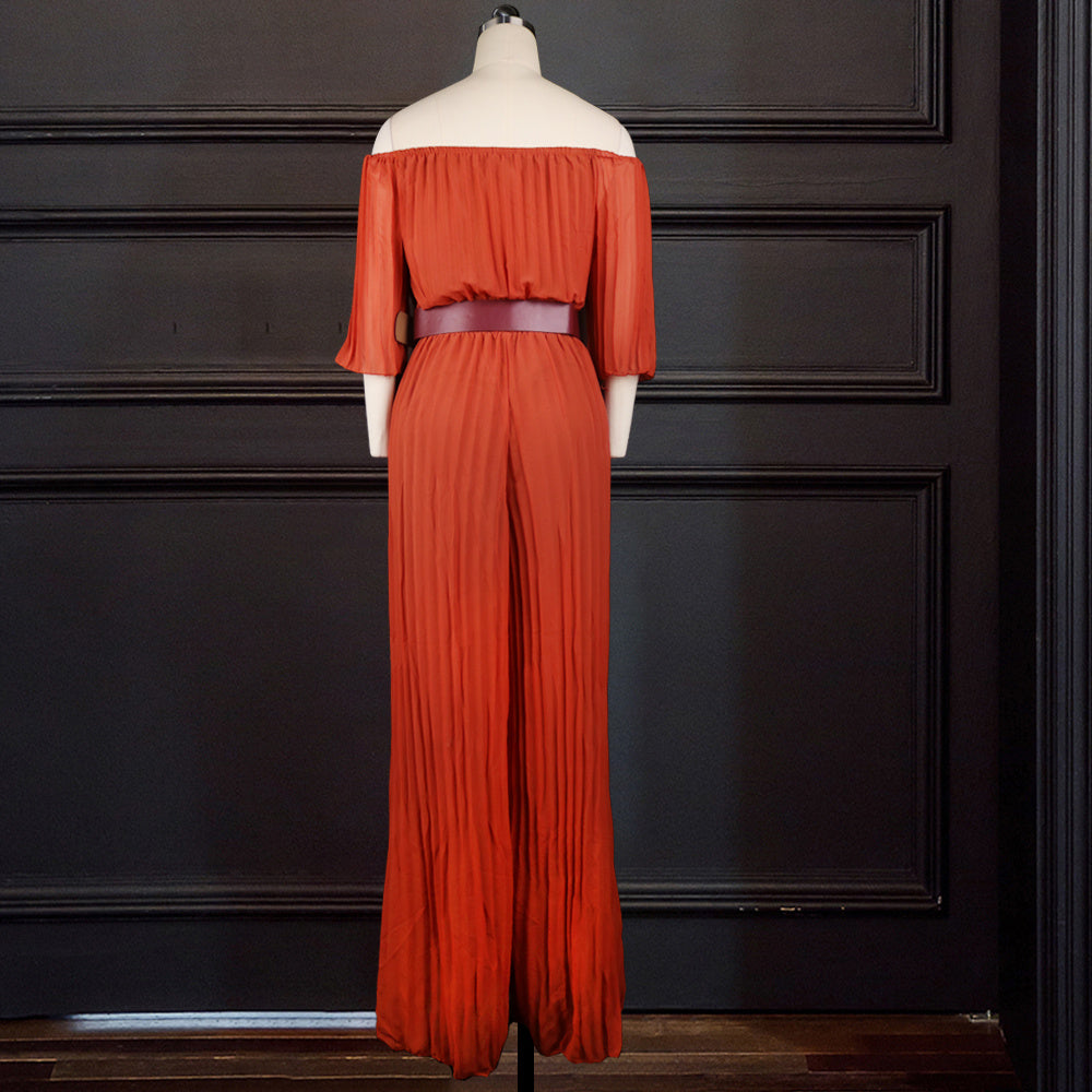 One-Shoulder Pleated Solid Color Loose Jumpsuit - KuzuSHOP