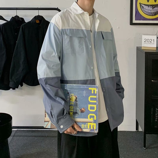 Patchwork Loose Casual Handsome Tooling Shirt - KuzuSHOP