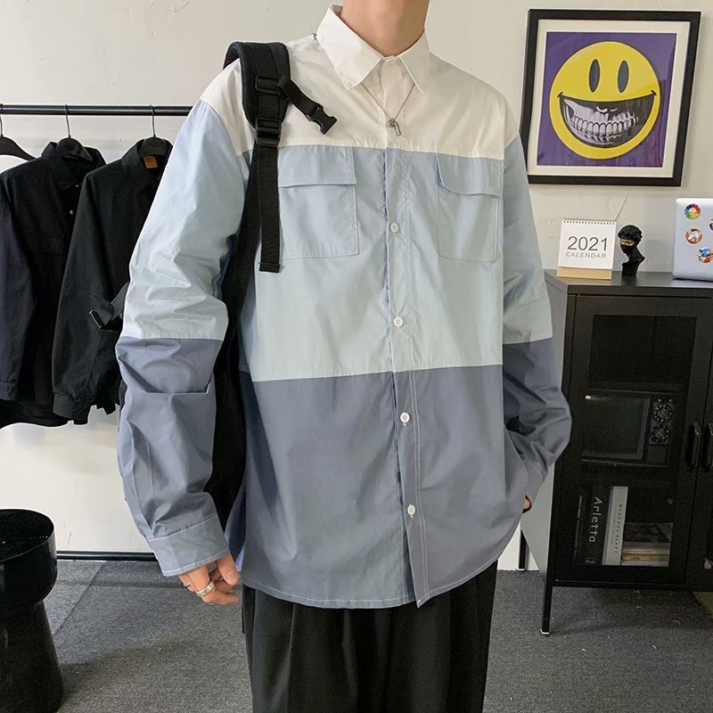 Patchwork Loose Casual Handsome Tooling Shirt - KuzuSHOP