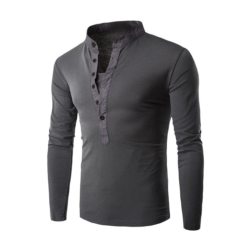 Stand-up Collar Casual Button Placket Slim Long-Sleeved T-shirt - KuzuSHOP