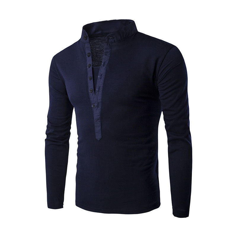 Stand-up Collar Casual Button Placket Slim Long-Sleeved T-shirt - KuzuSHOP