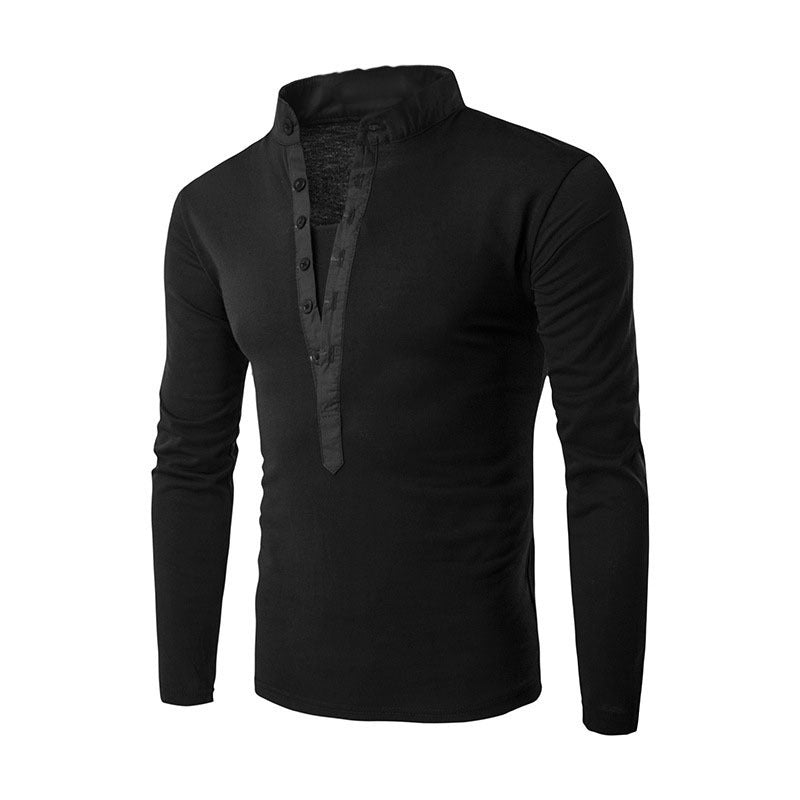 Stand-up Collar Casual Button Placket Slim Long-Sleeved T-shirt - KuzuSHOP