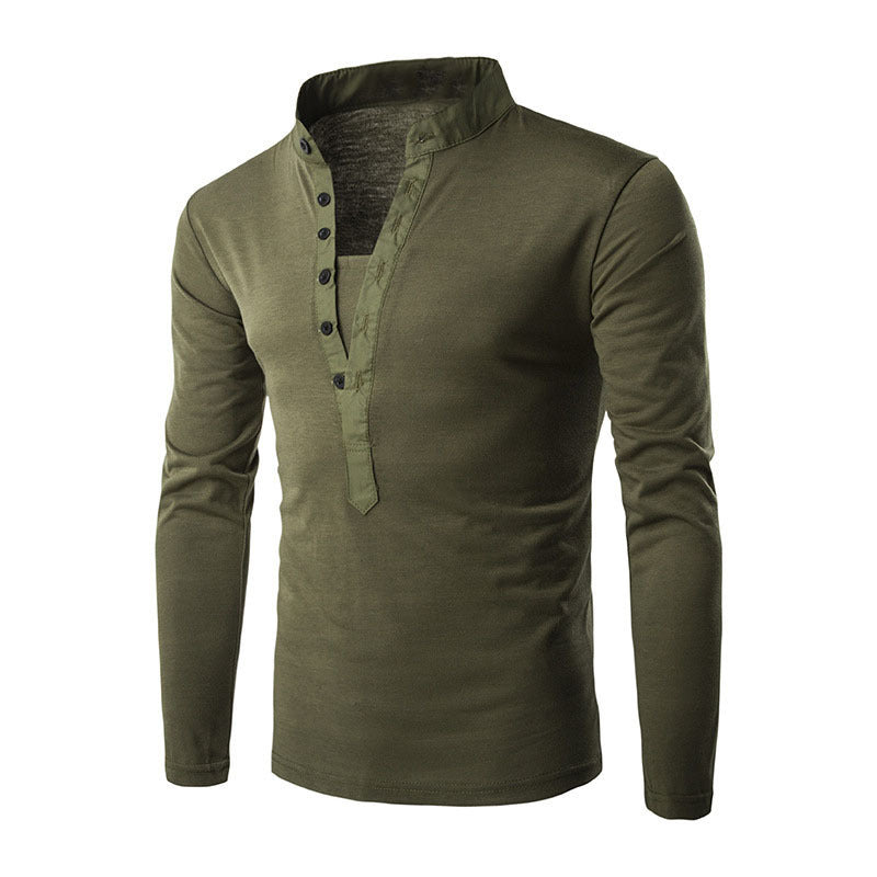 Stand-up Collar Casual Button Placket Slim Long-Sleeved T-shirt - KuzuSHOP
