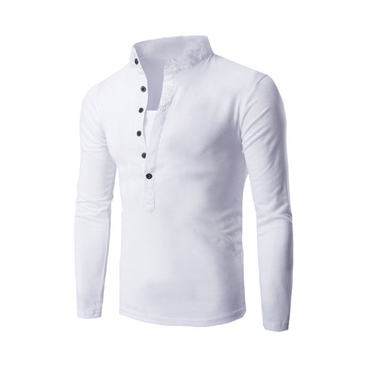 Stand-up Collar Casual Button Placket Slim Long-Sleeved T-shirt - KuzuSHOP