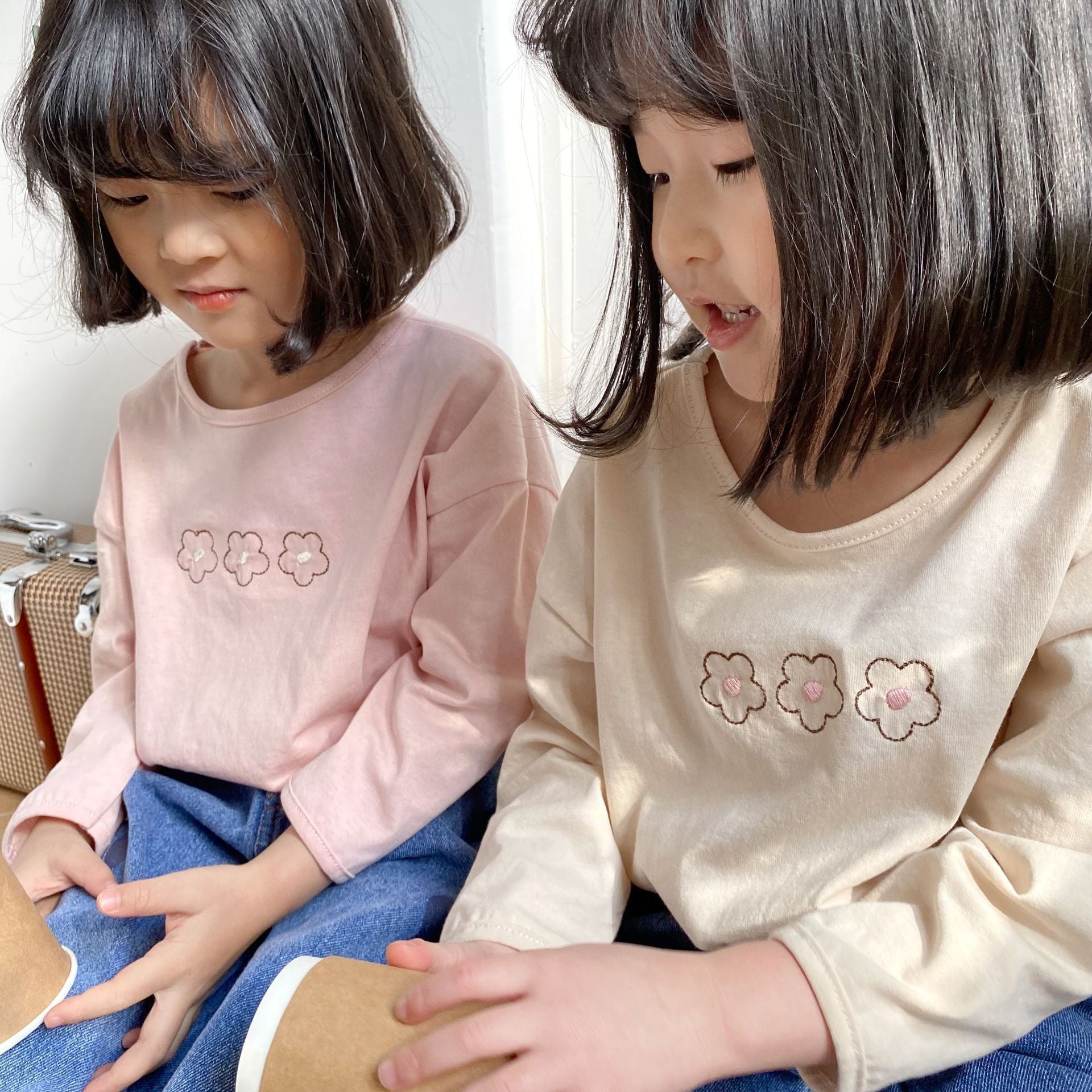 Base Embroidered Long-sleeved T-shirt Spring New Shirt Floret Korean Girl Children - KuzuSHOP