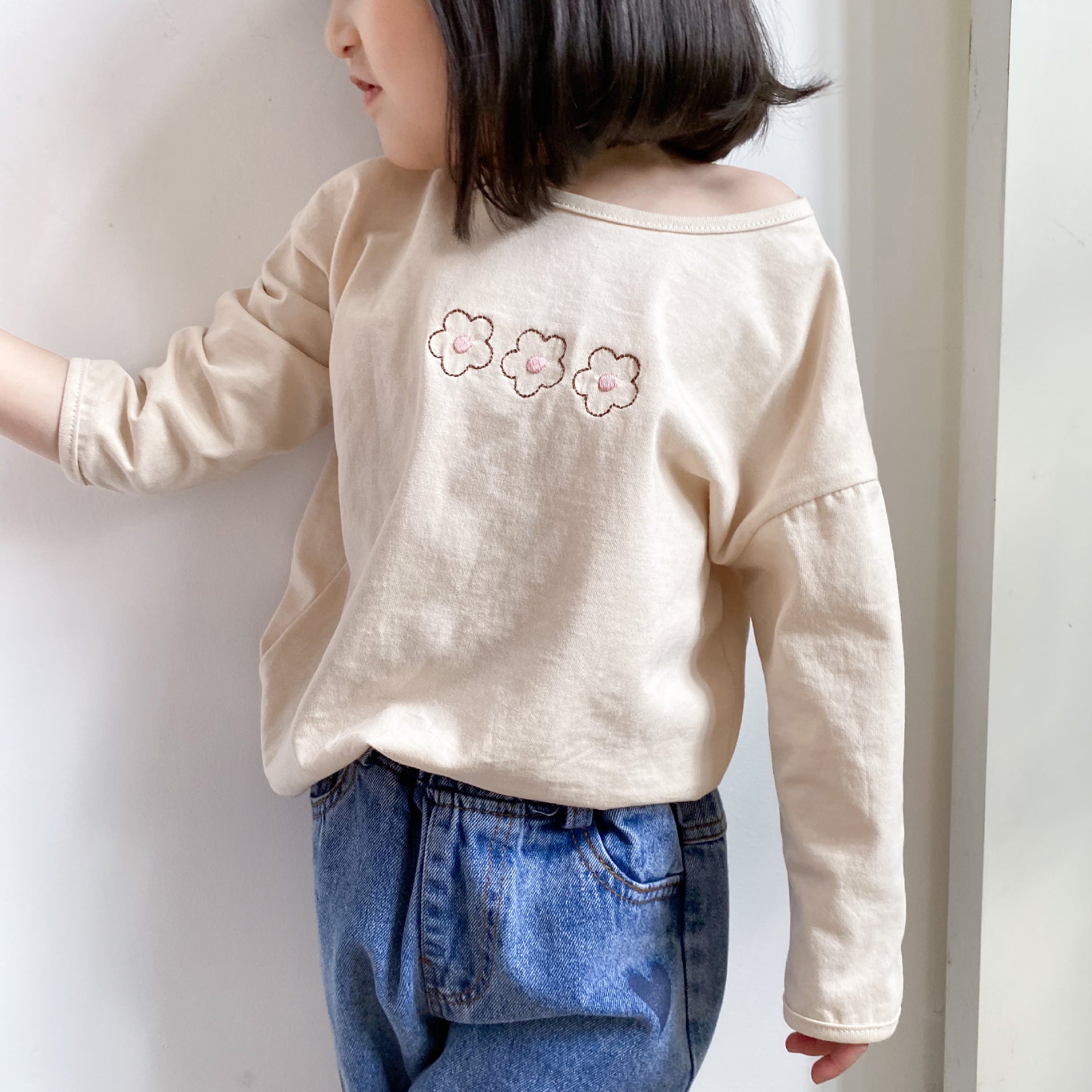 Base Embroidered Long-sleeved T-shirt Spring New Shirt Floret Korean Girl Children - KuzuSHOP