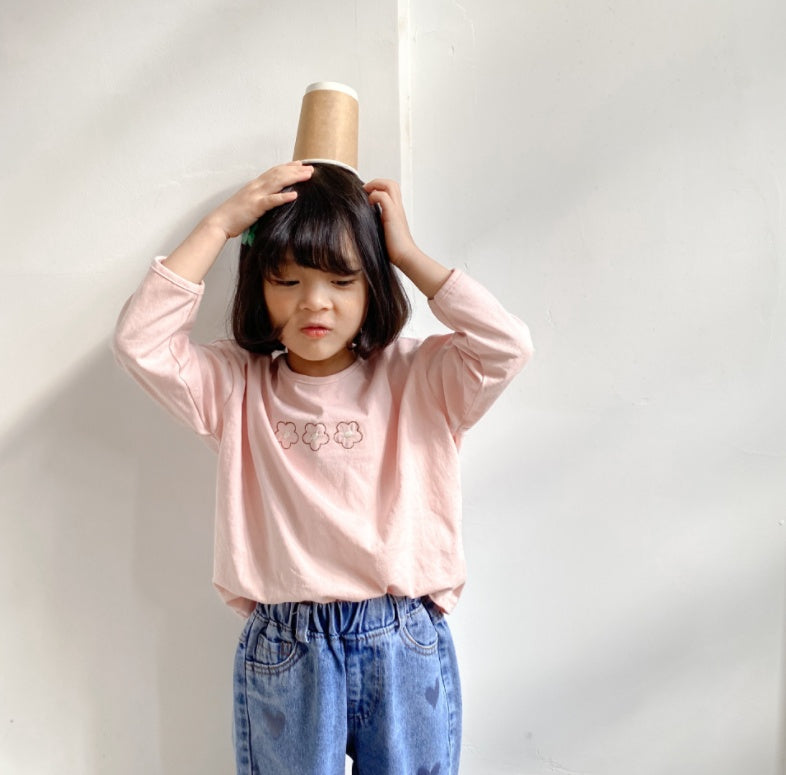 Base Embroidered Long-sleeved T-shirt Spring New Shirt Floret Korean Girl Children - KuzuSHOP