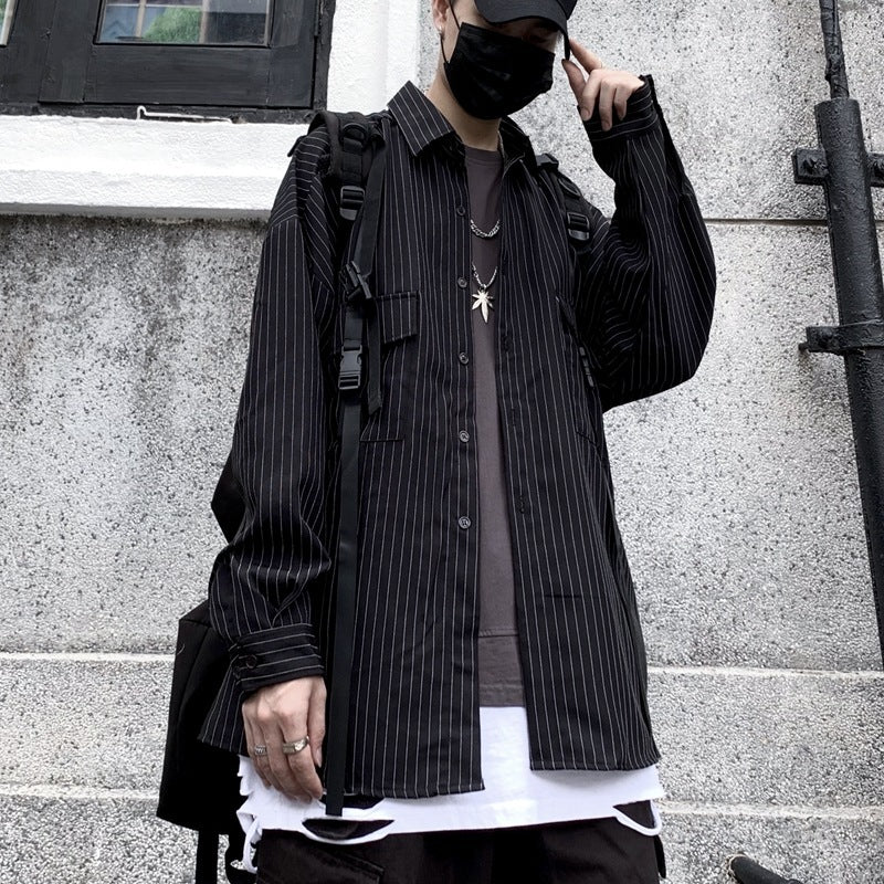 Retro Wild Striped Black Long sleeved Shirt Loose Shirt - KuzuSHOP