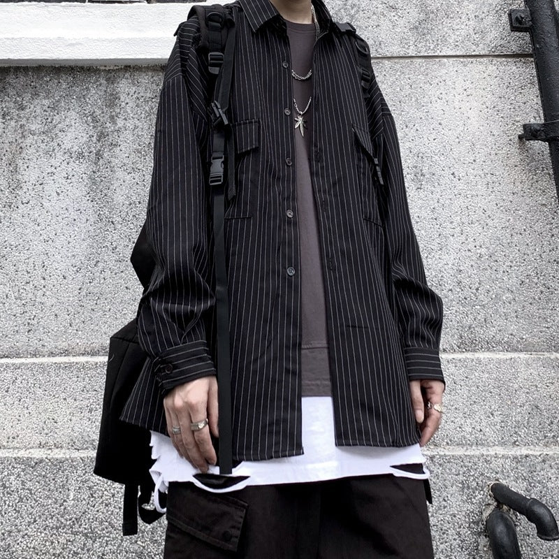 Retro Wild Striped Black Long sleeved Shirt Loose Shirt - KuzuSHOP