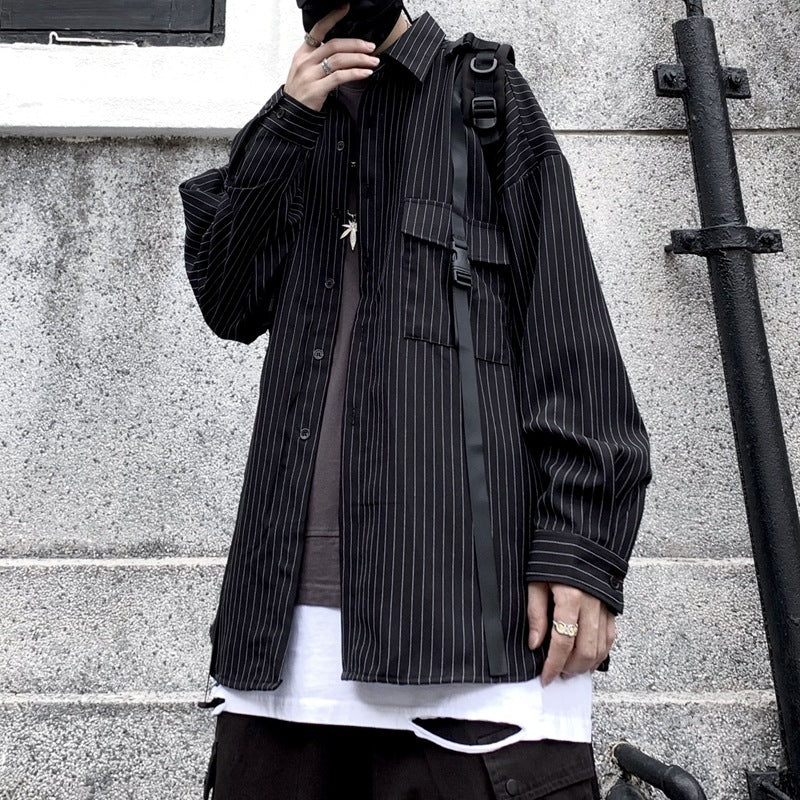 Retro Wild Striped Black Long sleeved Shirt Loose Shirt - KuzuSHOP