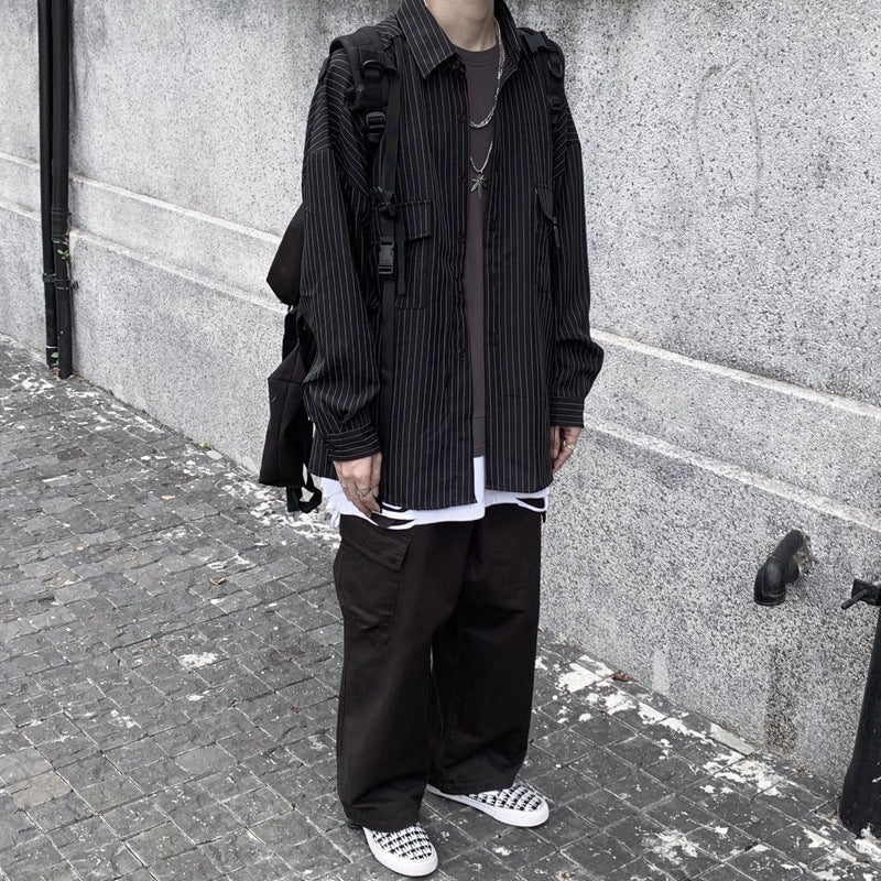 Retro Wild Striped Black Long sleeved Shirt Loose Shirt - KuzuSHOP