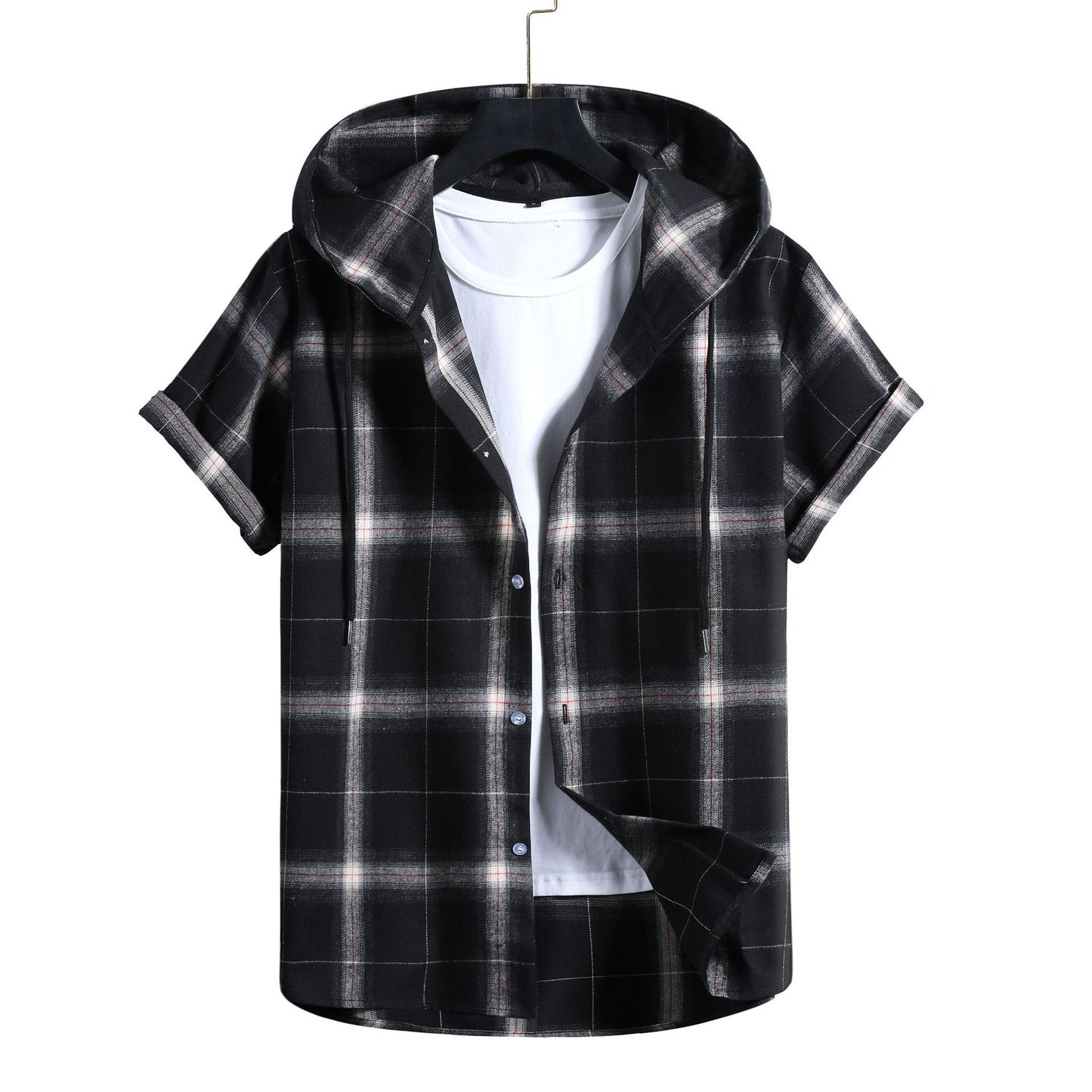 Men's Casual Short-sleeved Striped Hooded Shirt - KuzuSHOP