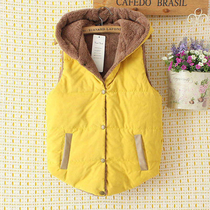 Winter Clothes New Style Korean Fashion Plus Fleece Hooded Cotton-Padded Vest Vest Female Loose Student Short Cotton-Padded Vest Jacket