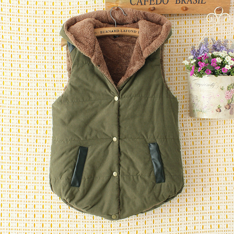 Winter Clothes New Style Korean Fashion Plus Fleece Hooded Cotton-Padded Vest Vest Female Loose Student Short Cotton-Padded Vest Jacket