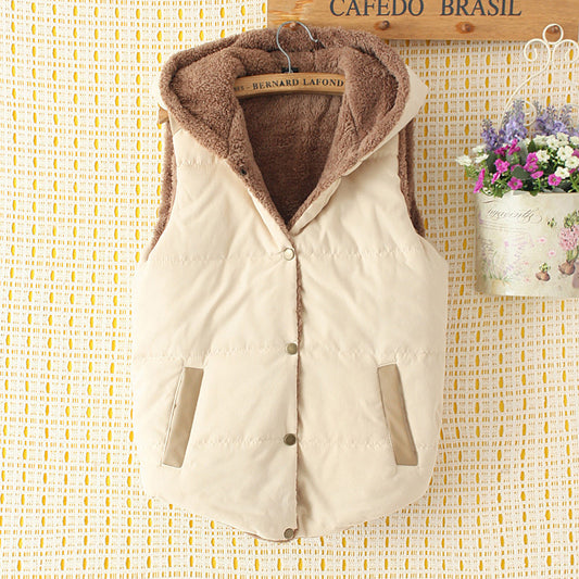 Winter Clothes New Style Korean Fashion Plus Fleece Hooded Cotton-Padded Vest Vest Female Loose Student Short Cotton-Padded Vest Jacket - KuzuSHOP