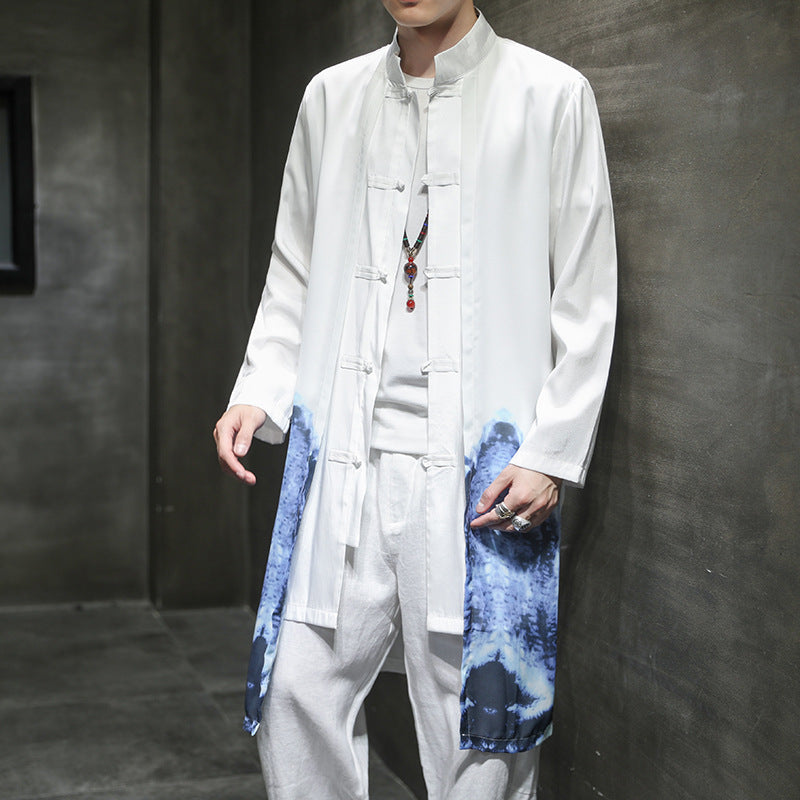 Autumn and winter new fashion men's Chinese Style Men's Chiffon Hanfu Tang dynasty printed medium length windbreaker men - KuzuSHOP
