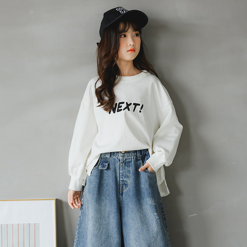 Girls' Long-sleeved T-shirt Cotton Moisture Wicking Letters - KuzuSHOP