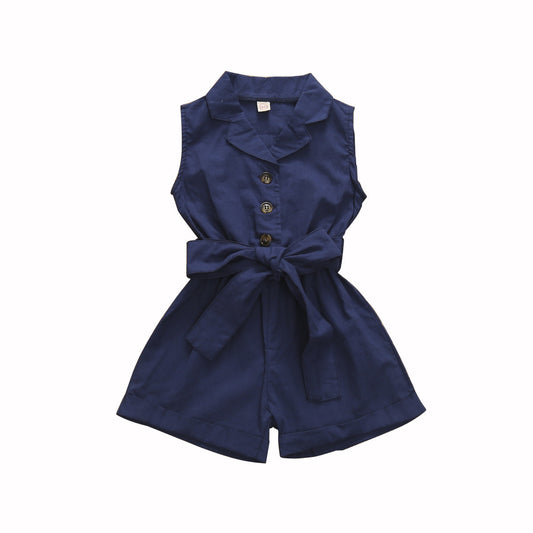 Multicolor Girls' Solid Lapel Sleeveless Single-breasted One-piece Shorts - KuzuSHOP