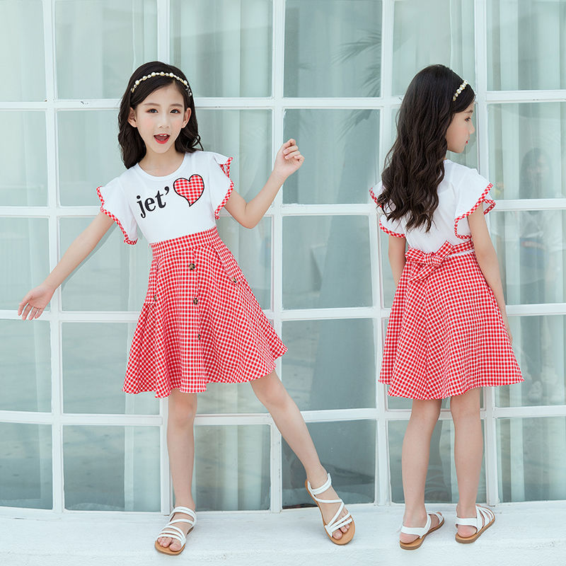 Summer Plaid Korean Style Big kids Children Girls Summer Western Style Princess Skirt - KuzuSHOP