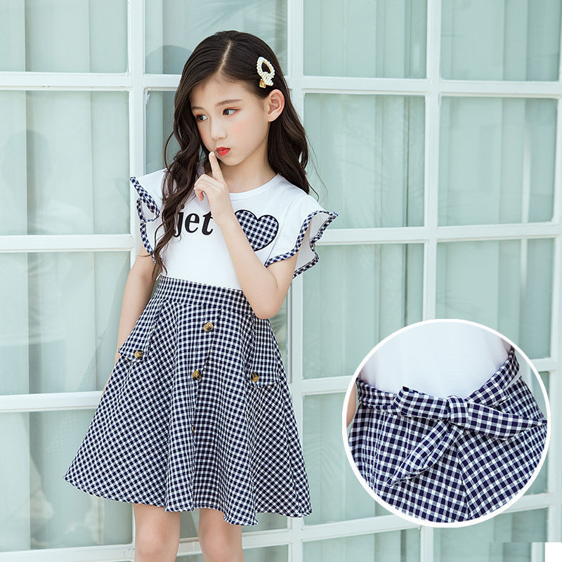 Summer Plaid Korean Style Big kids Children Girls Summer Western Style Princess Skirt - KuzuSHOP