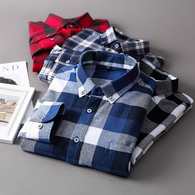 Casual All-match Plaid Long-sleeved Shirt Men - KuzuSHOP