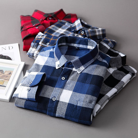 Casual All-match Plaid Long-sleeved Shirt Men - KuzuSHOP