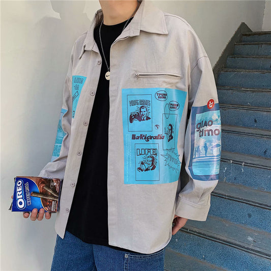 Contrasting Color Print Hip-Hop Jacket Student Handsome Shirt - KuzuSHOP