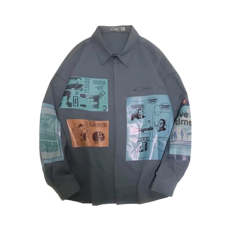 Contrasting Color Print Hip-Hop Jacket Student Handsome Shirt - KuzuSHOP