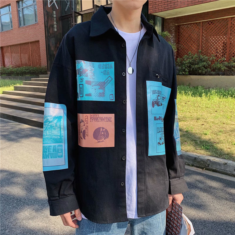 Contrasting Color Print Hip-Hop Jacket Student Handsome Shirt - KuzuSHOP