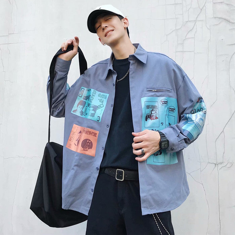 Contrasting Color Print Hip-Hop Jacket Student Handsome Shirt - KuzuSHOP