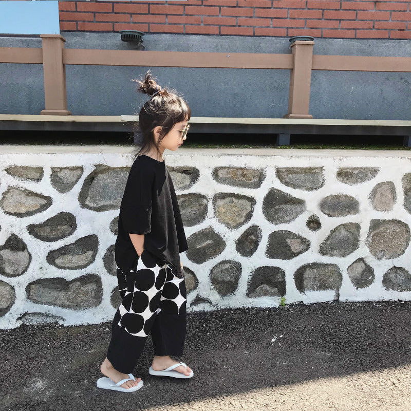 Children'S Wide Cotton Solid Color Round Neck T-Shirt Set - KuzuSHOP