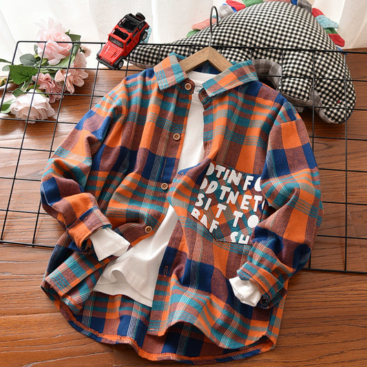 Check Lapel Long Sleeve Top Cotton Printed Children's Bottoming Shirt - KuzuSHOP
