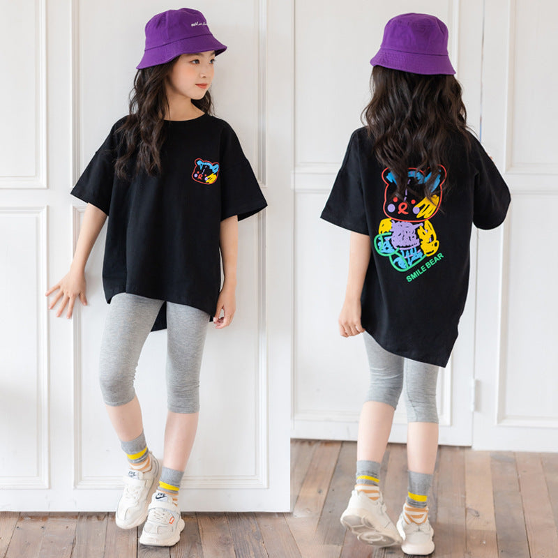 Cartoon Irregular Top Short-sleeved Half-sleeve Big Kids' Trendy Clothes - KuzuSHOP