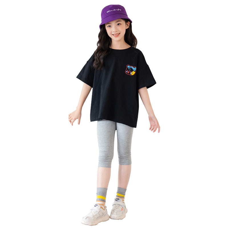 Cartoon Irregular Top Short-sleeved Half-sleeve Big Kids' Trendy Clothes - KuzuSHOP