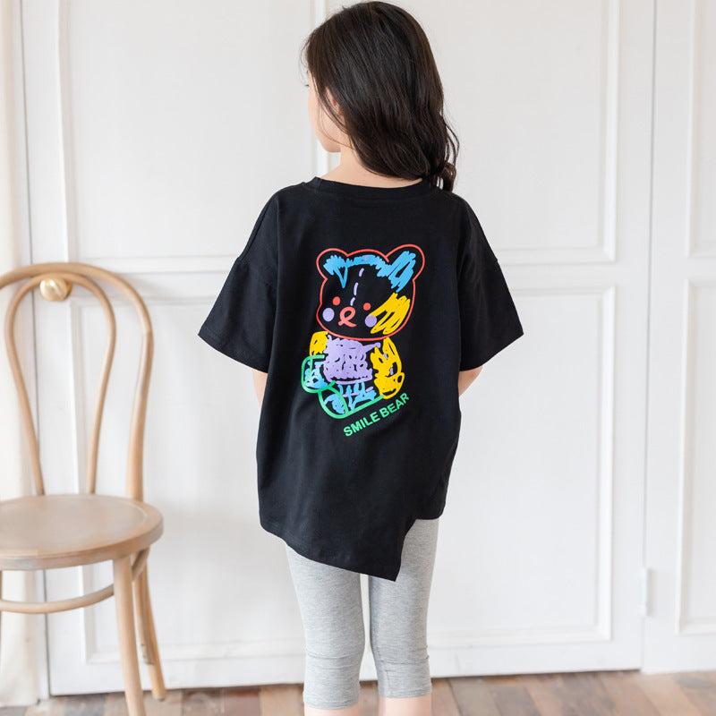 Cartoon Irregular Top Short-sleeved Half-sleeve Big Kids' Trendy Clothes - KuzuSHOP