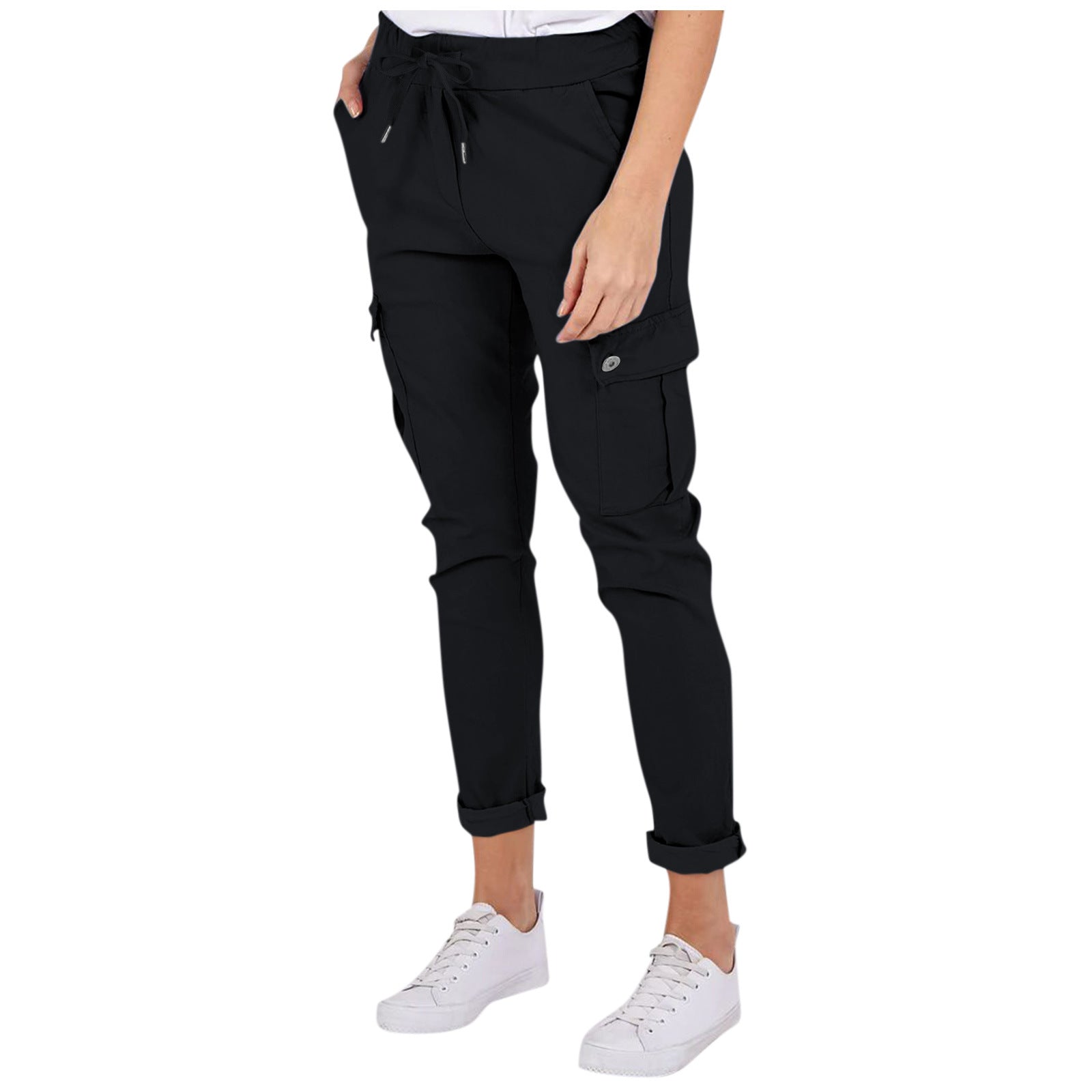 Casual Cargo Pants With Pockets Solid Color Drawstring Waist Pencil Trousers For Women - KuzuSHOP
