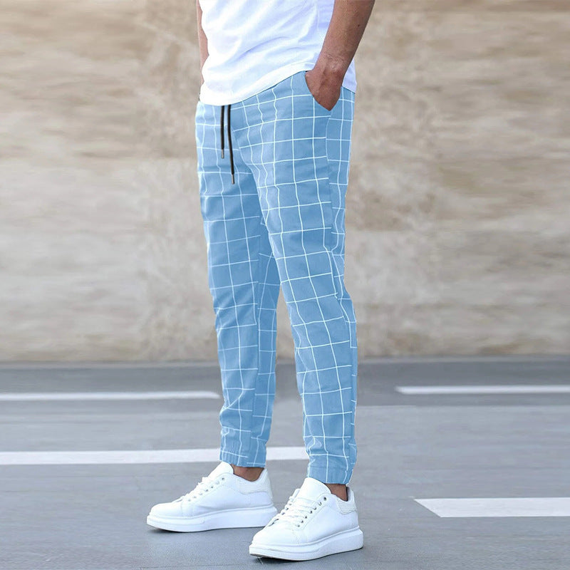 Fashion Plaid Print Pants Casual Drawstring Trousers Men's Clothing - KuzuSHOP