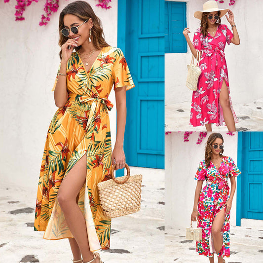 Summer Floral Print Slit Midi Dress - KuzuSHOP