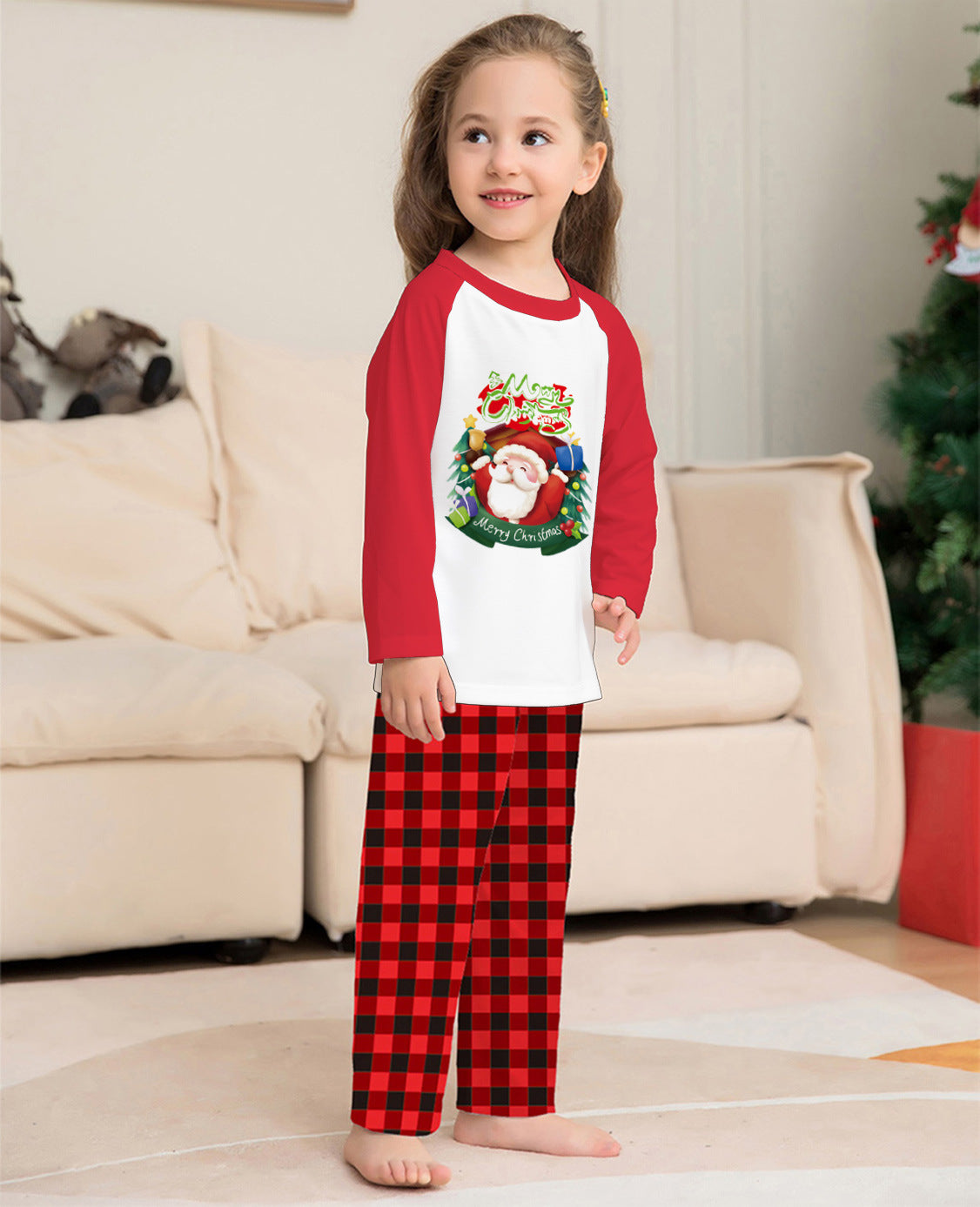 Christmas Parent-Child Clothes Set Long Sleeve T-Shirt Plaid Pants Family Matching Pajamas - KuzuSHOP