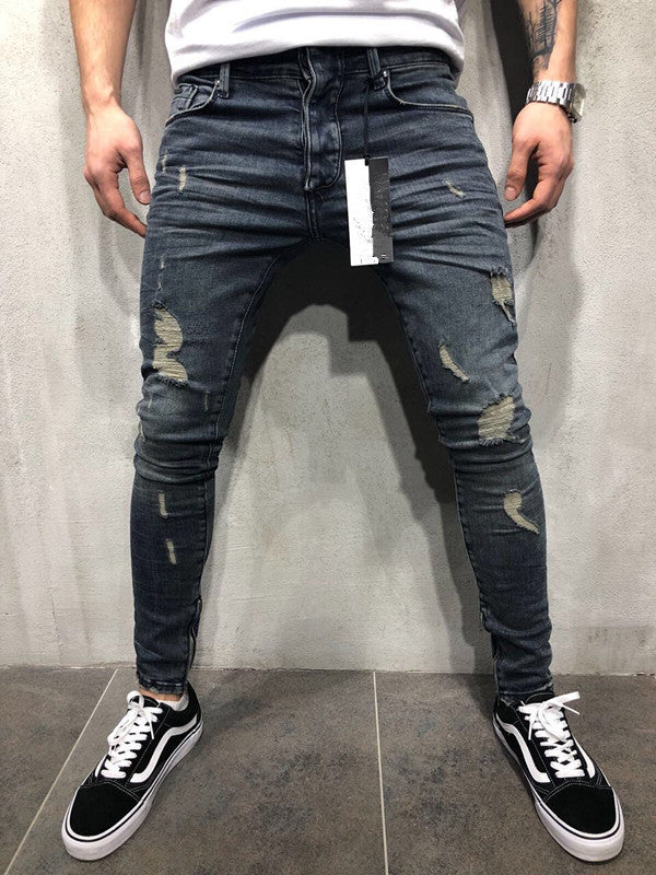 Customized models Europe and the United States high street tide men's hole jeans stretch large size pants slim pants Biker jeans - KuzuSHOP