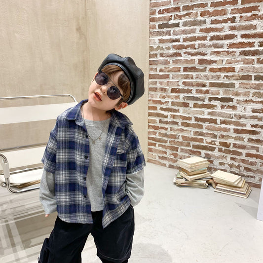 Boys plaid shirt stitching t-shirt - KuzuSHOP