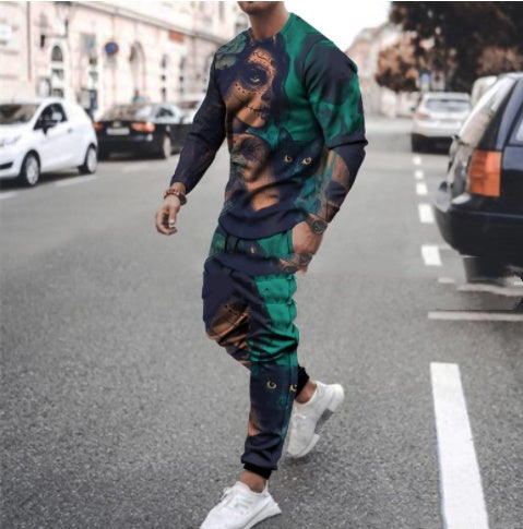 Round Neck T Shirt Long Sleeve Sports Pants Two Piece Set - KuzuSHOP