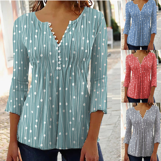 Fashion Printed Long Sleeved Shirt V-neck Blouses Ladies - KuzuSHOP