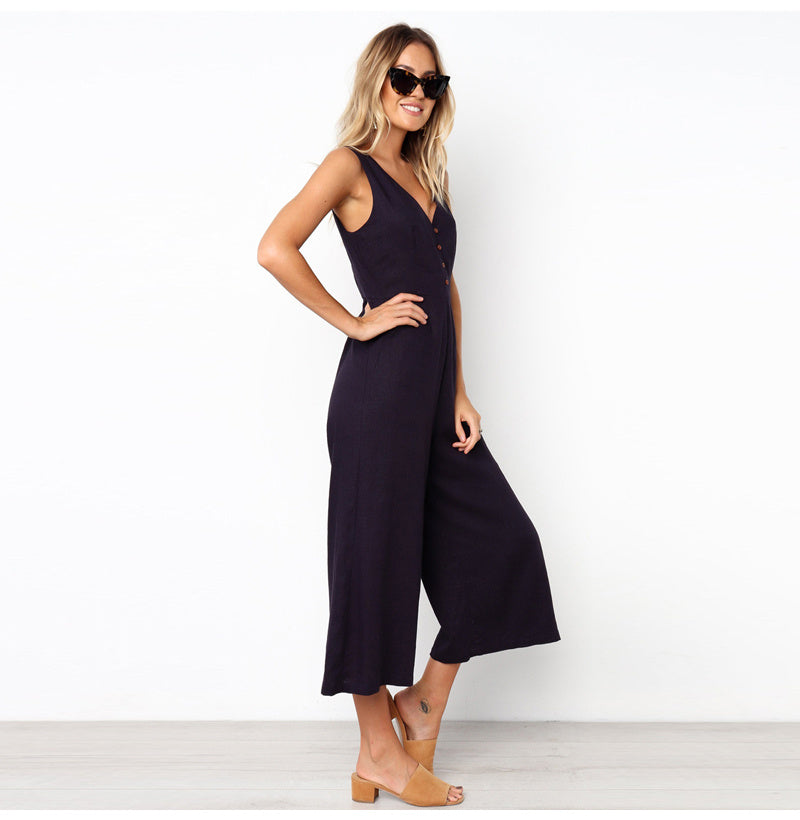 V-neck button backless jumpsuit - KuzuSHOP
