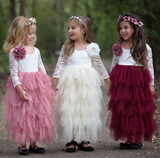 Autumn And Winter Explosions Hollow Children's Skirt Lace Long-sleeved Girls White Princess Dress Irregular Dress - KuzuSHOP