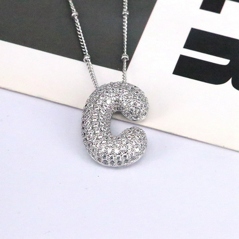 Brass Zircon Bubble Balloon Letter Pendant Necklace For Women - KuzuSHOP