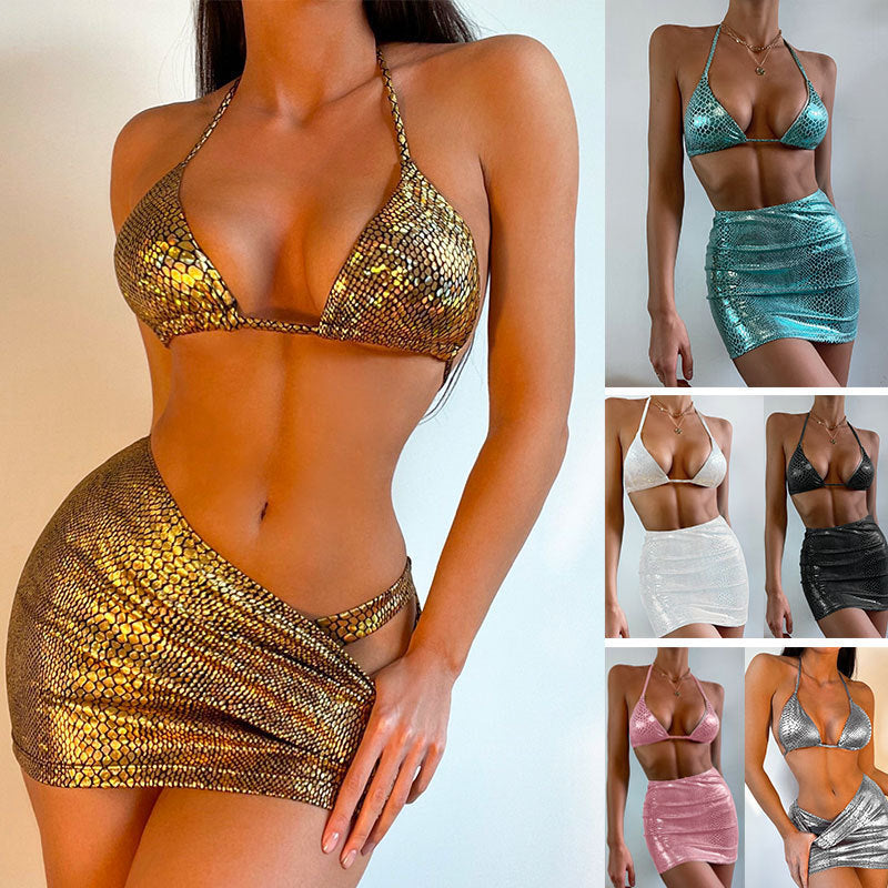 Women's 3 Piece Bathing Suits Halter Snake Pattern Bikini Set With Cover Up Skirt Summer Swimsuit - KuzuSHOP